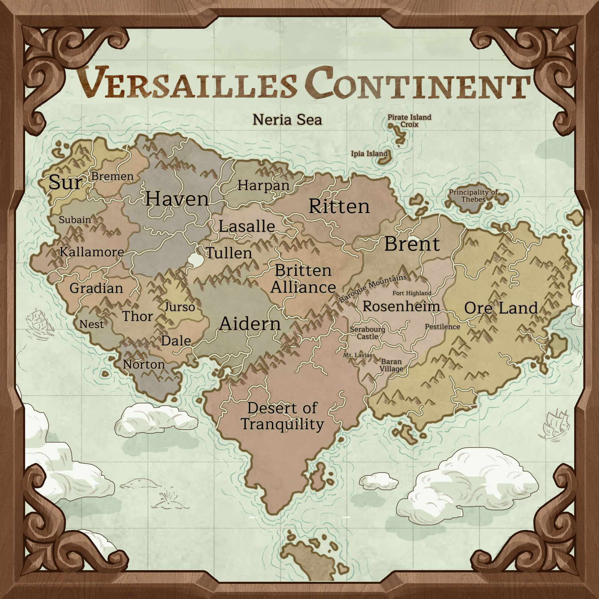 An illustrated map labeled "Versailles Continent", depicting a fictional landmass surrounded by ocean.